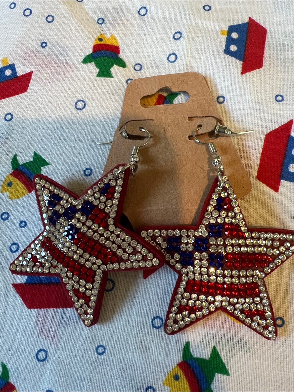 Source Unknown Red, White & Blue Star Rhinestone Drop Earrings